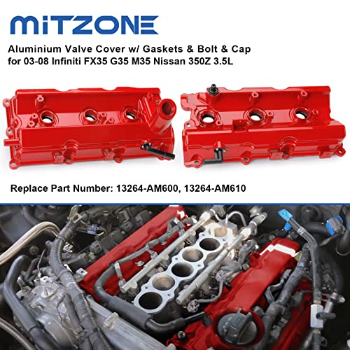 MITZONE Upgrade Aluminum Valve Covers Left and Right Compatible with 2003-2008 Nissan 350Z Infiniti FX35 G35 M35 VQ35DE 3.5L Part # 13264AM600 13264AM610 - Image 2