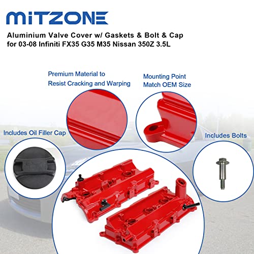 MITZONE Upgrade Aluminum Valve Covers Left and Right Compatible with 2003-2008 Nissan 350Z Infiniti FX35 G35 M35 VQ35DE 3.5L Part # 13264AM600 13264AM610 - Image 5