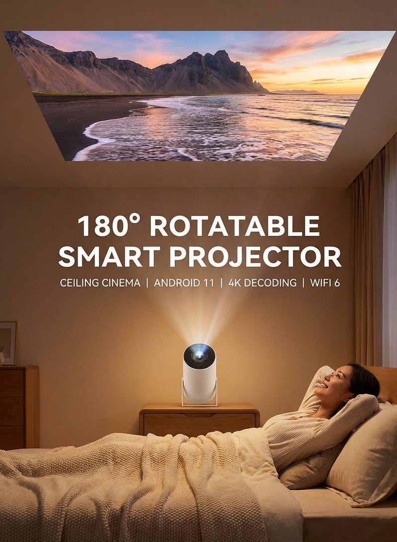 Portable Smart Projector With Android 11.0, WiFi 6, Support 4K Decoding, 180° Rotatable Stand, Auto Keystone Correction - White - Image 1