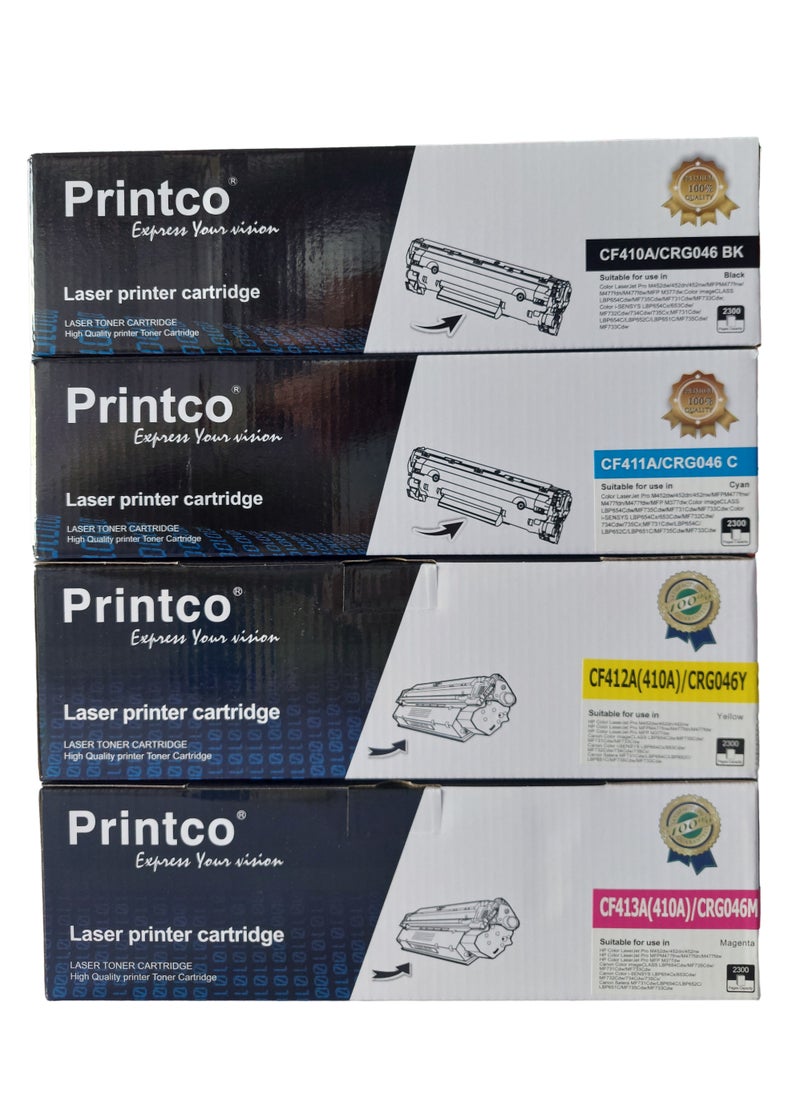 Printco Compatible With Toner Cartridge 410A Full Set for HP 410A CF410A CF411A CF412A CF413A Replacement for Laserjet Pro MFP M477FNW M477FDW M452NW M452DW M452DN M477FDN Works With Canon 718 Black Cyan Yellow Magenta 4Pack  - Image 1