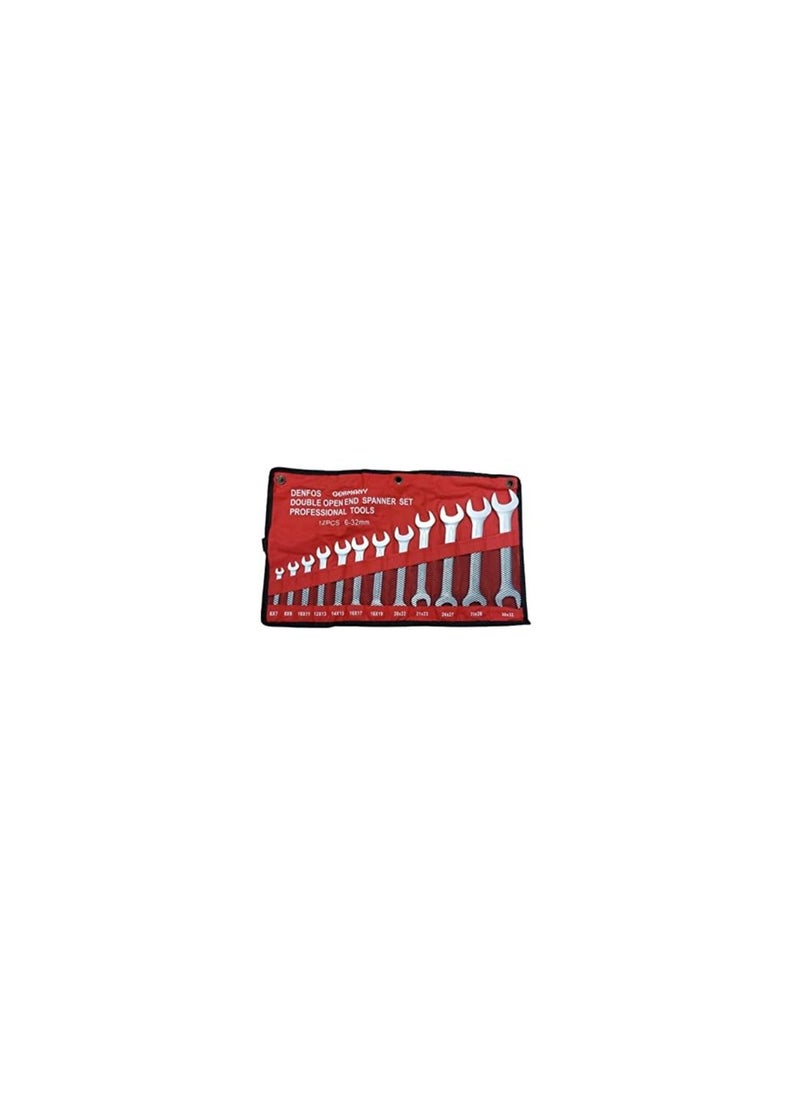 DENFOS - 12 Piece Double Open End Spanner Set - Metric Sizes 6-32mm - High Strength Cr-V Sand Blown Steel Wrench with Roll Bag - Image 1