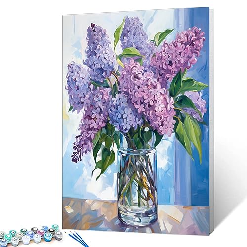 Tucocoo Paint by Number Blue Lilac in a Glass Vase Flowers DIY Painting On Canvas with Brushes Acrylic Paints Graffiti Paint by Numbers for Adults Kids Students Beginner 16x20 InchWithout Frame - Image 3