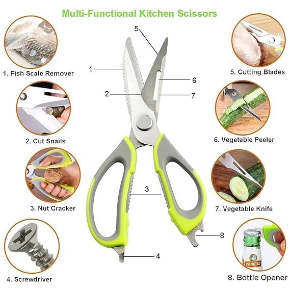 Rasamrut Heavy Duty Stainless Steel Kitchen Scissors 10 in 1 Multicolored Household Scissors with Magnetic Holder for Fish Seafood Chicken Peeler Opener and Slicing  - Image 5
