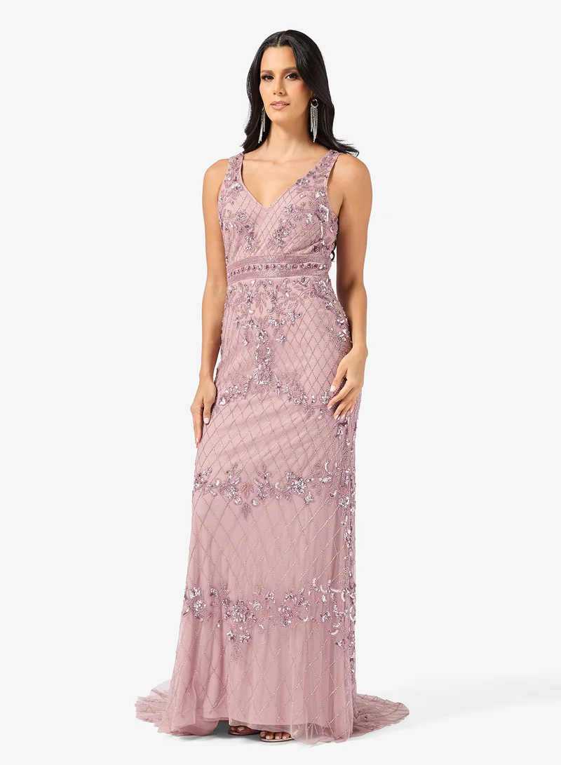 Namshi x  Plunge Neck Bead Embellished Evening Gown for Women | Best Price UAE