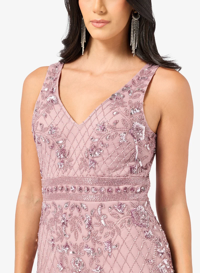 Namshi x  Plunge Neck Bead Embellished Evening Gown for Women | Best Price UAE