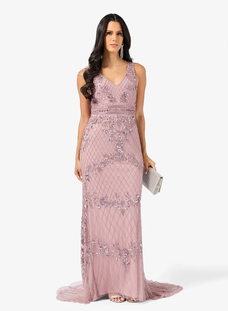 Plunge Neck Bead Embellished Evening Gown