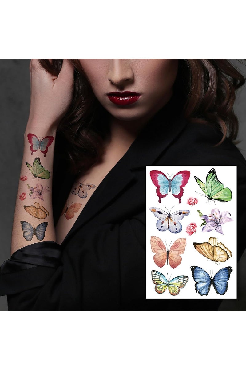 قوس قزح أورينبو 10 أوراق 90 نمطًا من وشم الفراشة المؤقت الواقعي للنساء، وشم الفراشة المؤقت بالألوان المائية للنساء، ملصقات وشم مؤقتة للبالغين لمكياج الفراشات وديكورات الحفلات - Image 5