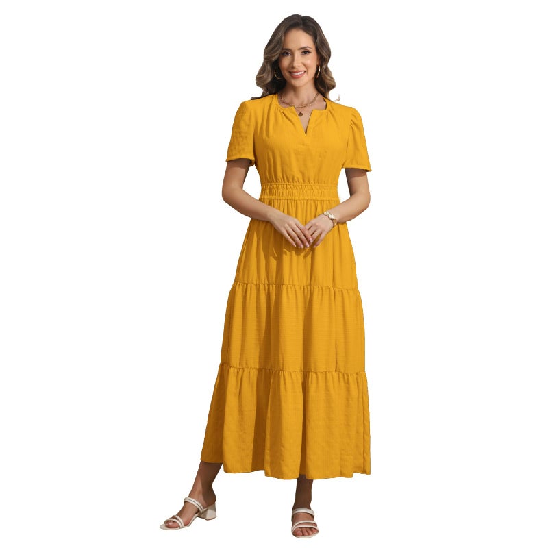 Rainday Womens Casual Maxi Dresses Fashion Holiday Short Sleeved Elastic Waist Beach Boho Dress with Pockets(Z3918YE,XL) - Image 2