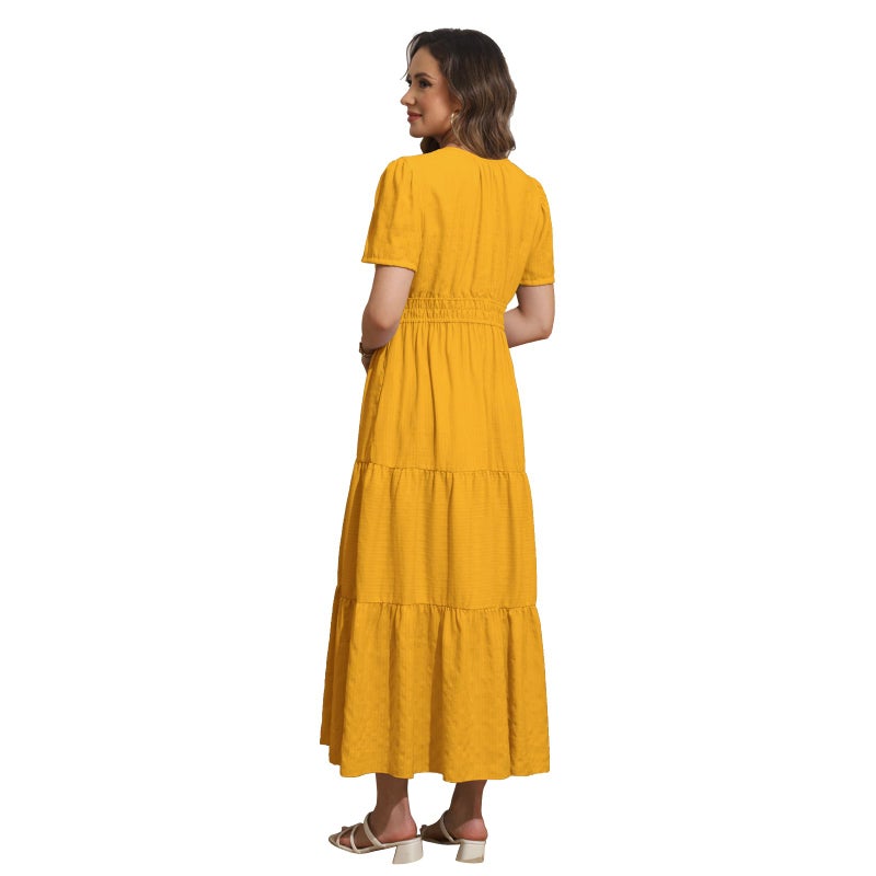 Rainday Womens Casual Maxi Dresses Fashion Holiday Short Sleeved Elastic Waist Beach Boho Dress with Pockets(Z3918YE,XL) - Image 5