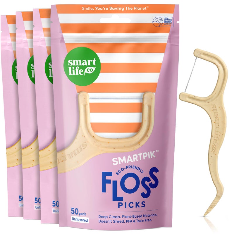 SmartLifeco Biodegradable Dental Floss Picks EcoFriendly Tooth Flosser for Adults Kids Straw Wheat Unwaxed Floss Toothpick Stick Soft On Gum Teeth Compostable Vegan Unflavored 200ct