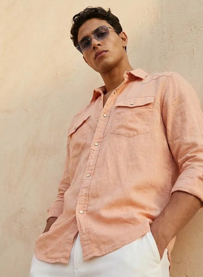 Lee Cooper Lee Cooper Men Regular Fit Collared Long Sleeves Linen Shirt