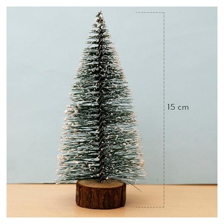 شجرة كريسماس مع ثلج | بطول 15 سم| شجرة بقاعدة خشبية | شجرة صنوبر بلورية | شجرة كريسماس لديكور المنزل وهدايا الشركات والكريسماس - Image 1