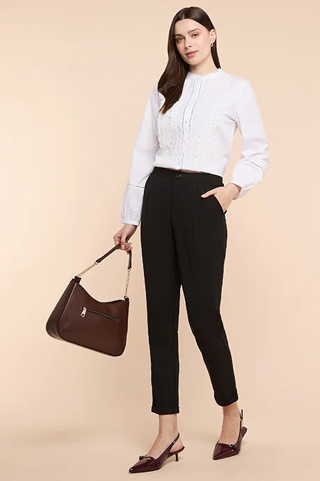 أر أند بي Solid Tapered Fit Pants with Elastic Waist