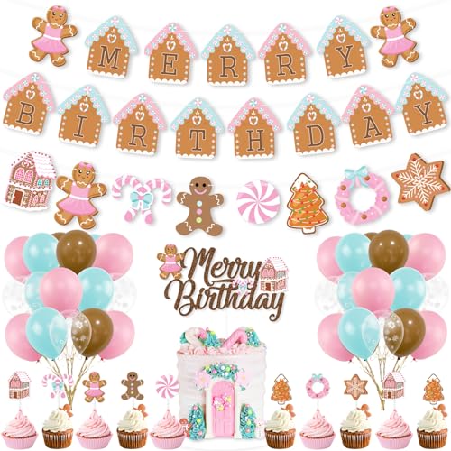 K KUMEED Christmas Birthday Decorations Pink Gingerbread Man Merry Birthday Theme Banner Candy House Cake Topper Latex Balloons for Boys Girls Parties - Image 1