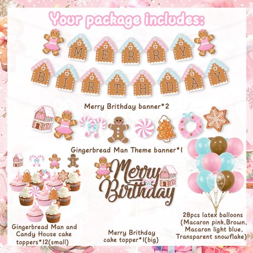 K KUMEED Christmas Birthday Decorations Pink Gingerbread Man Merry Birthday Theme Banner Candy House Cake Topper Latex Balloons for Boys Girls Parties - Image 5