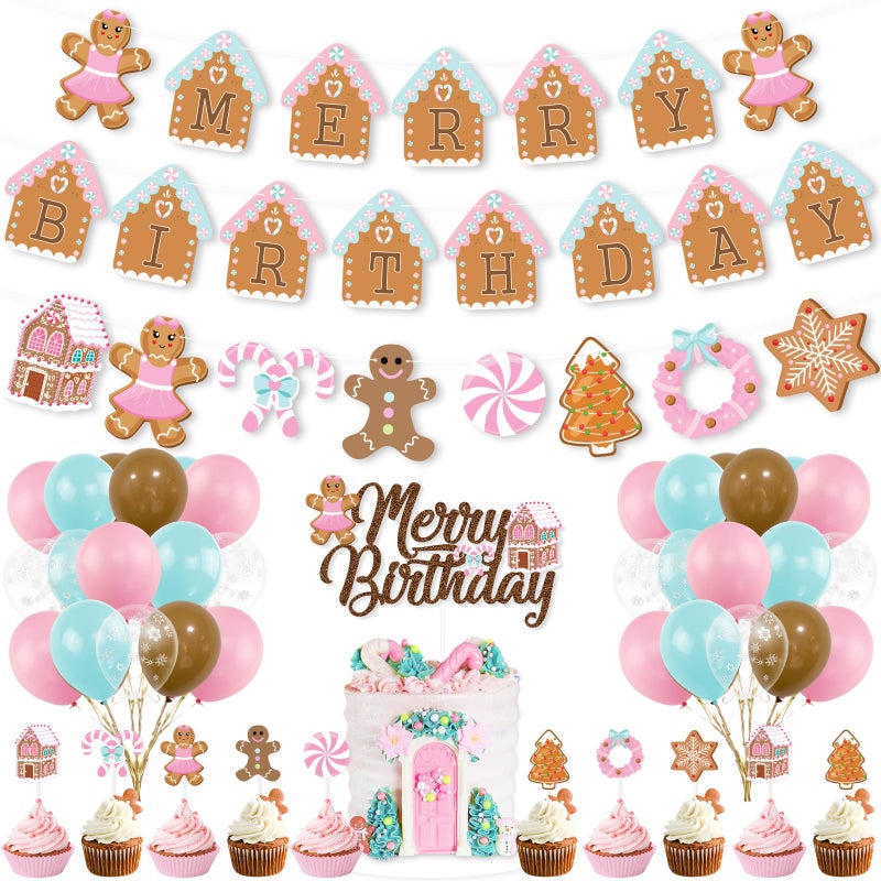 K KUMEED Christmas Birthday Decorations Pink Gingerbread Man Merry Birthday Theme Banner Candy House Cake Topper Latex Balloons for Boys Girls Parties - Image 3