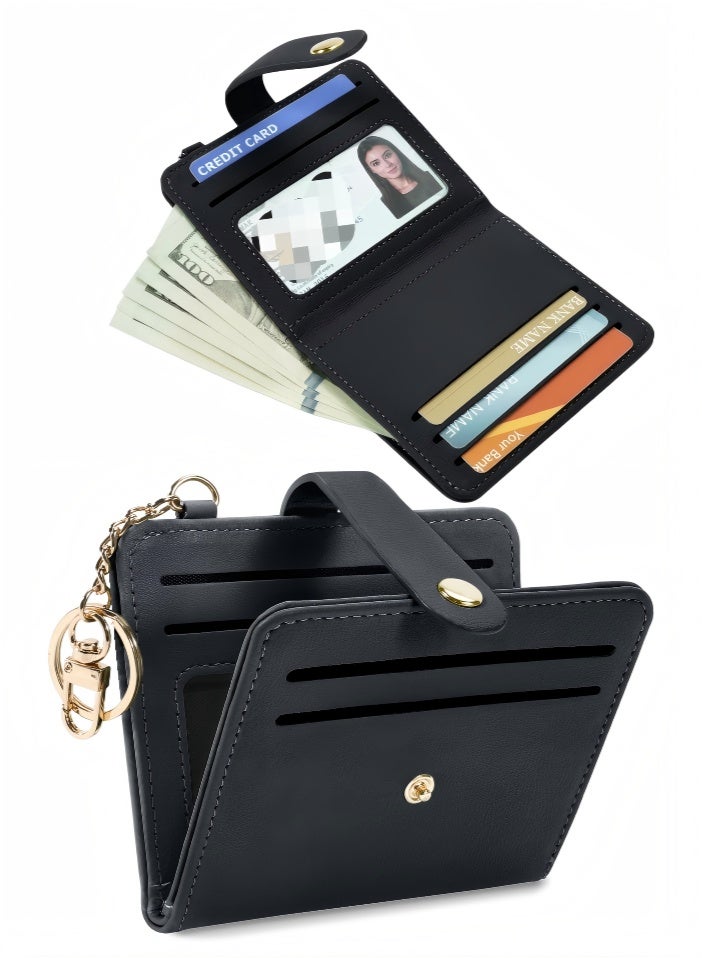 محفظة صغيرة نسائية من الجلد مزودة بتقنية حجب RFID، لحفظ بطاقات الائتمان، مع نافذة لعرض الهوية، وجيب للعملات المعدنية بسحاب، وسلسلة مفاتيح. - Image 1