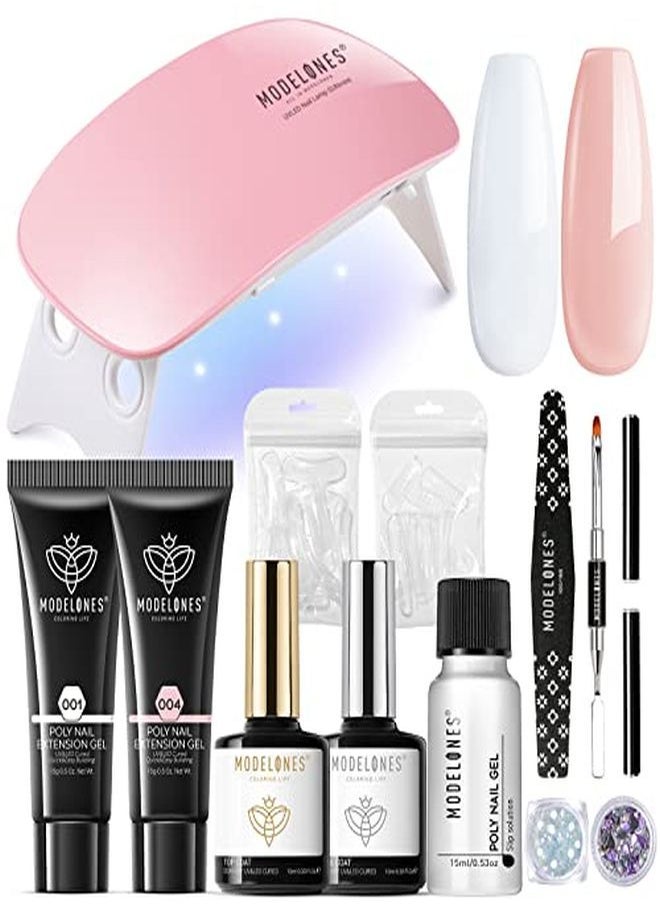 modelones Poly Extension Gel Nail Kit 2Pcs Builder Extension Gel Nude White Colors With Mini Nail Lamp Slip Solution Rhinestone Nail Manicure All-In-One Kit French Diy Nail Art Design Beginner Kit  - Image 1