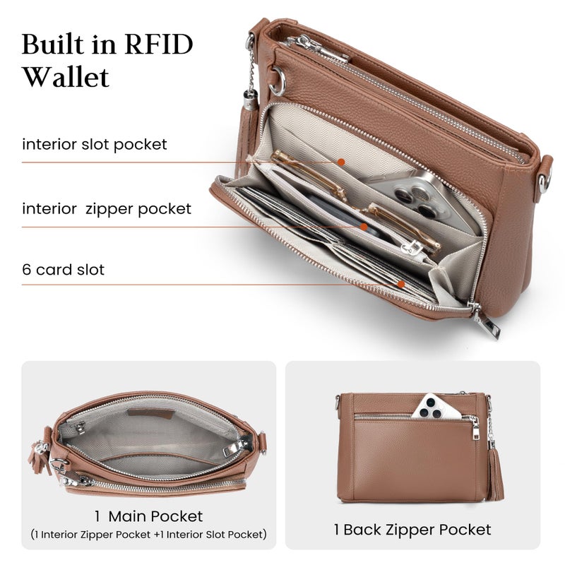 befen Anti Theft Genuine Leather Crossbody Bags for Women, Soft Real Leather Purse with Built in Wallet RFID Blocking Crossbody Purse Travel Handbags with Adjustable Strap, Mocha - Image 3