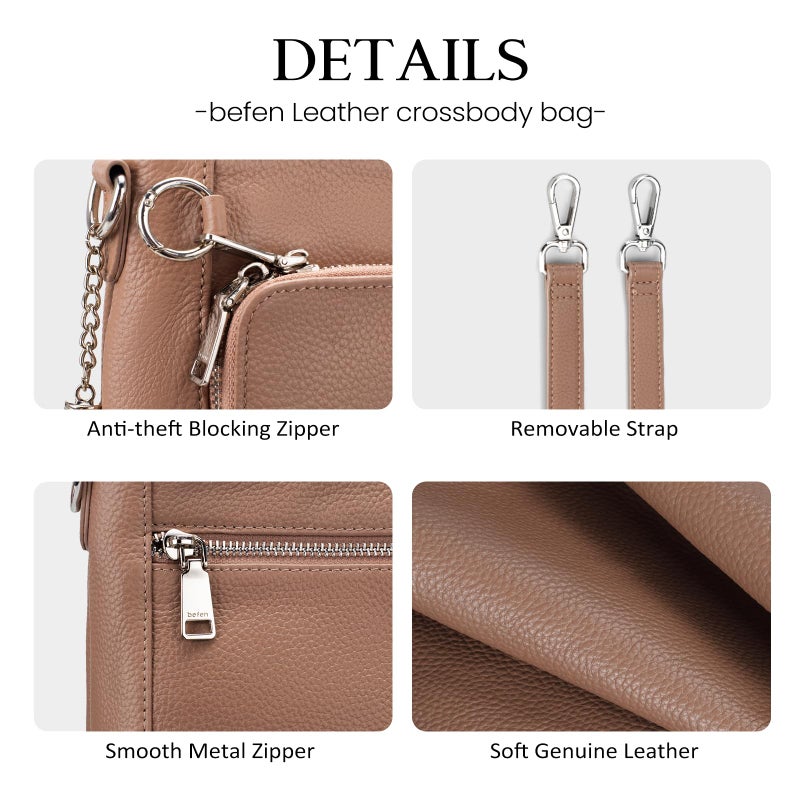 befen Anti Theft Genuine Leather Crossbody Bags for Women, Soft Real Leather Purse with Built in Wallet RFID Blocking Crossbody Purse Travel Handbags with Adjustable Strap, Mocha - Image 5