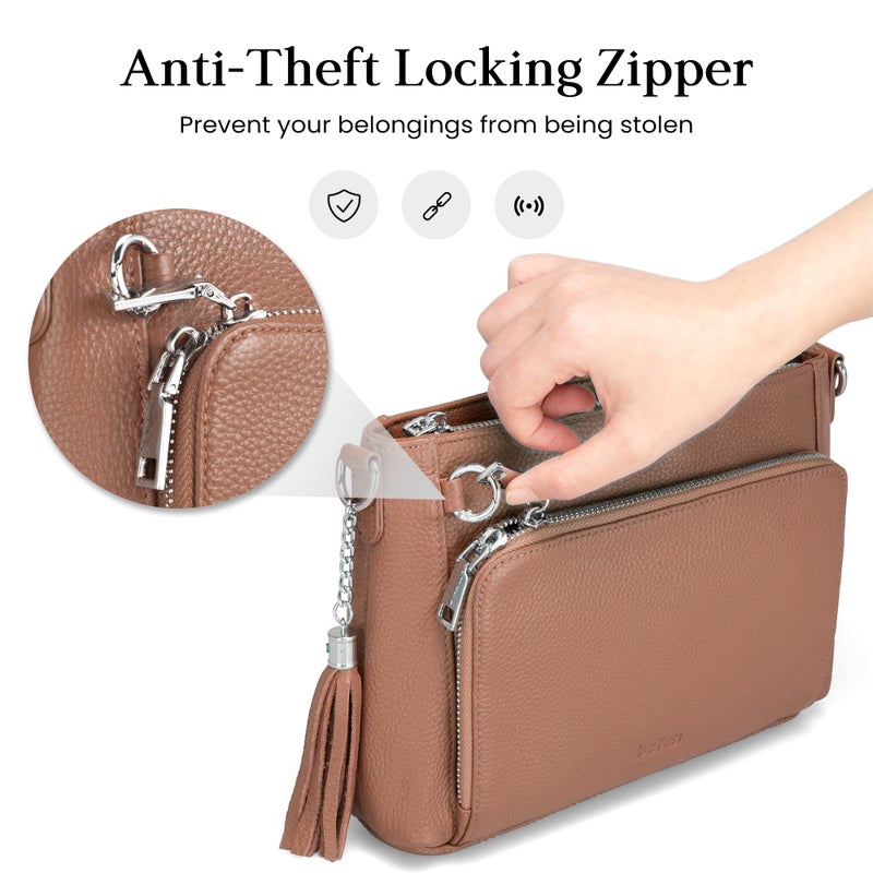 befen Anti Theft Genuine Leather Crossbody Bags for Women, Soft Real Leather Purse with Built in Wallet RFID Blocking Crossbody Purse Travel Handbags with Adjustable Strap, Mocha - Image 2