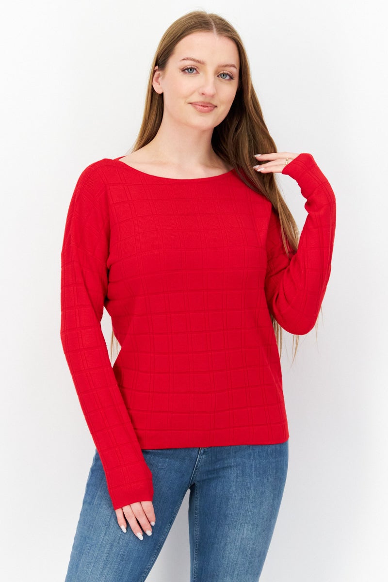 Zero Women Boat Neck Long Sleeve Textured Sweater, Red - Image 1