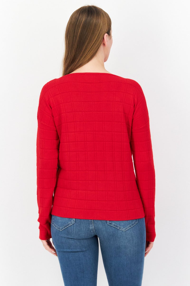 Zero Women Boat Neck Long Sleeve Textured Sweater, Red - Image 3