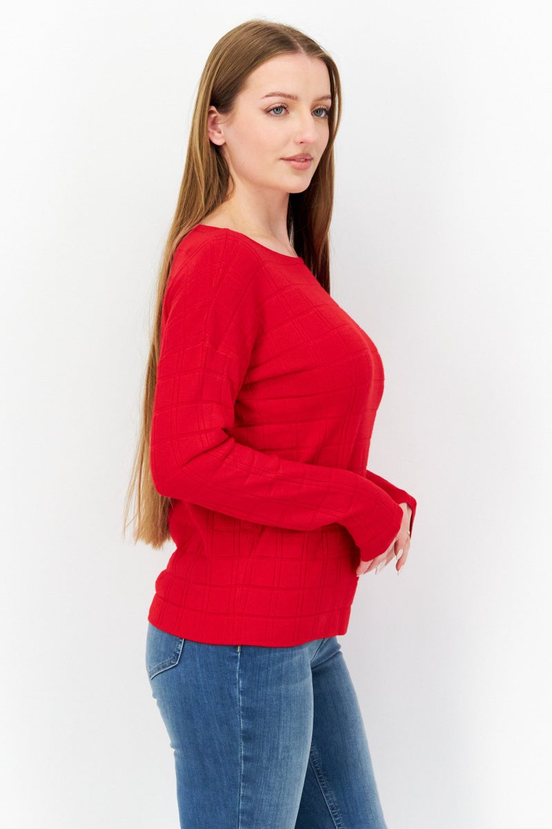 Zero Women Boat Neck Long Sleeve Textured Sweater, Red - Image 2