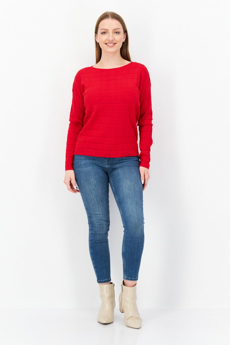 Zero Women Boat Neck Long Sleeve Textured Sweater, Red - Image 4