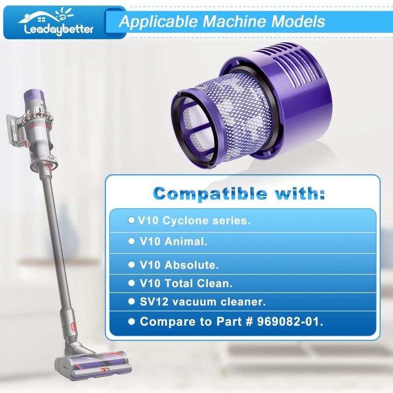 Leadaybetter استبدالات فلتر ليديبتر لجهاز دايسون V10 سايكلون، V10 أنيمال، V10 أبسولوت، V10 توتال كلين، SV12، رقم الجزء 969082-01 (عبوة تحتوي على 2 فلتر و1 فرشاة تنظيف) - Image 2
