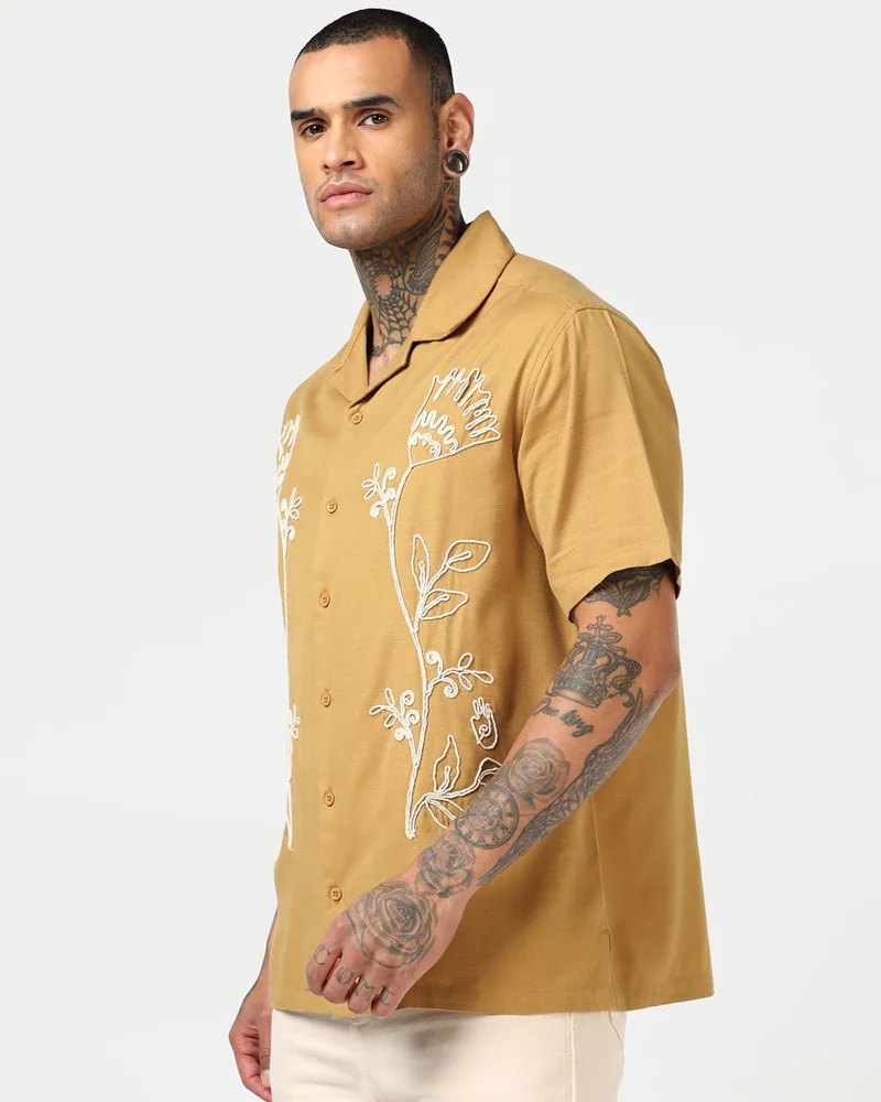 بيواكوف Men's Mustard Yellow Embroidered Oversized Shirt
