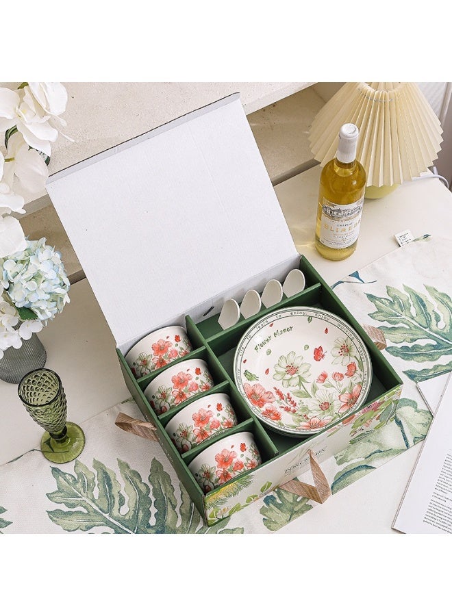 آي كي طقم أواني طعام سيراميك بنقوش زهرية على الطراز الأوروبي – 10 قطعة (4 أوعية، 4 ملاعق، 2 أطباق) مع علبة هدايا - Image 5