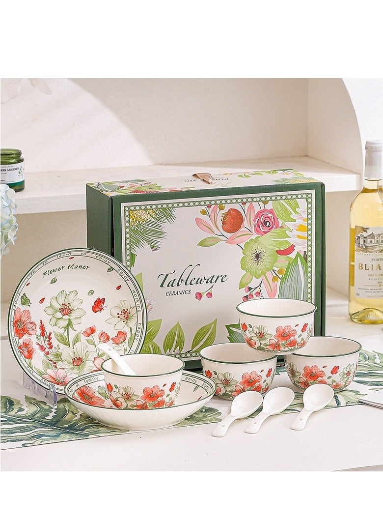 آي كي طقم أواني طعام سيراميك بنقوش زهرية على الطراز الأوروبي – 10 قطعة (4 أوعية، 4 ملاعق، 2 أطباق) مع علبة هدايا - Image 1