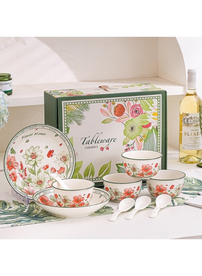 آي كي طقم أواني طعام سيراميك بنقوش زهرية على الطراز الأوروبي – 10 قطعة (4 أوعية، 4 ملاعق، 2 أطباق) مع علبة هدايا - Image 4