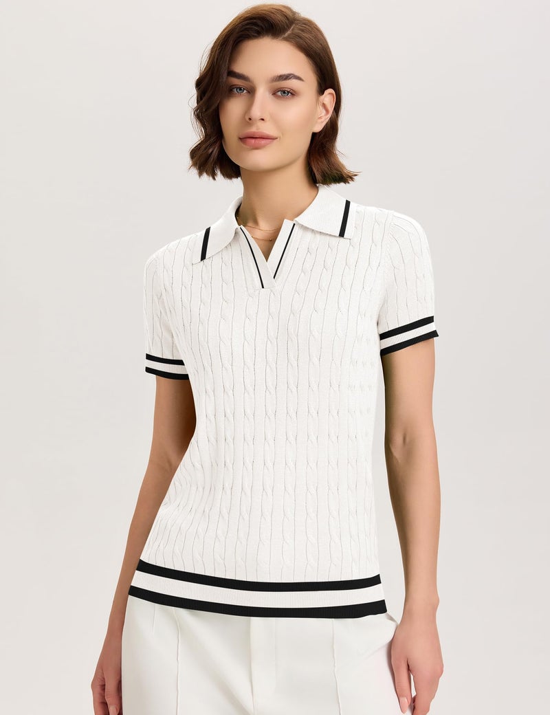 Micoson Womens Oversized Short Sleeve Sweaters Tops Lapel V Neck Knit Polo Shirts Casual Soft Lightweight Shirt(White Black,S) - Image 2
