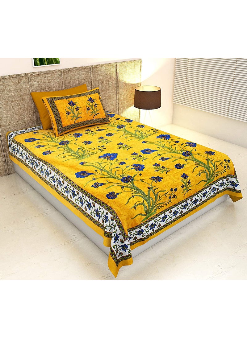Queenie Queenie Brand 144 TC 100% Pure Cotton Single Bedsheet with 1 Pillow Cover Golden Yellow  - Image 1