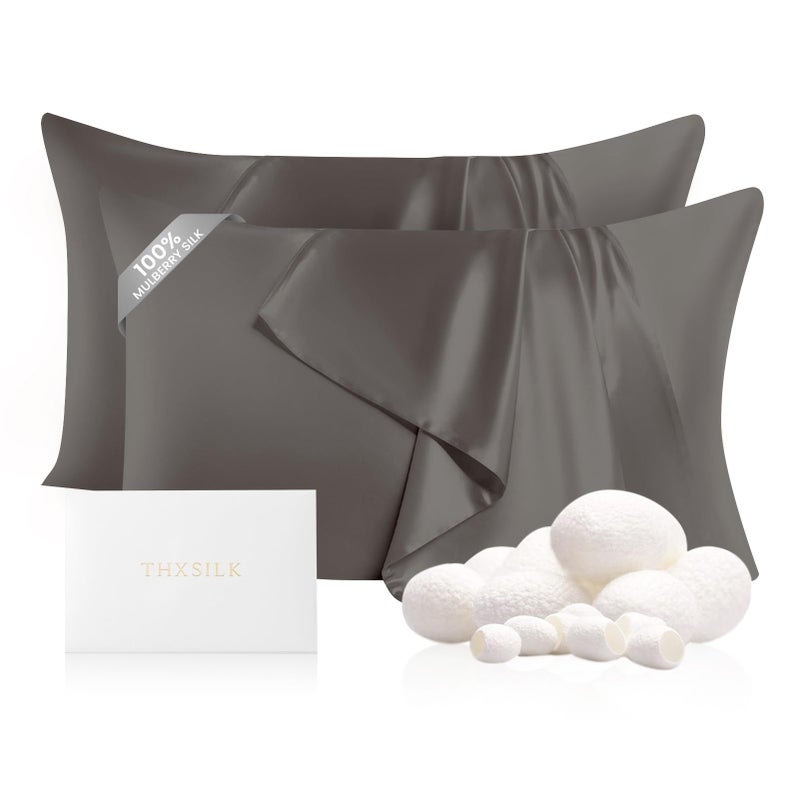 THXSILK Set of 2 Silk Pillowcases - 100% Pure Mulberry Silk - 22 Momme 6A+ High-Grade Fibers - Silk Pillowcases for Hair & Skin - King Size Pillow Case with Hidden Zipper - Dark Grey - Image 1