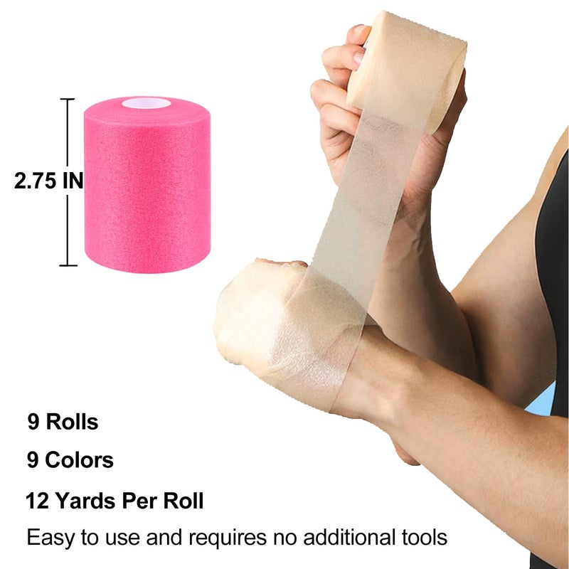 Clooflar 9 Pack Pre Wrap Athletic, 2.75 Inches X 12 Yards Multi-Color Prewrap Athletic Tape for Hair Soccer, Sports Pre Wrap Tape, Pre-Wrap Foam Underwrap Tape Ankles Wrists Hands Knees Elbows - Image 2