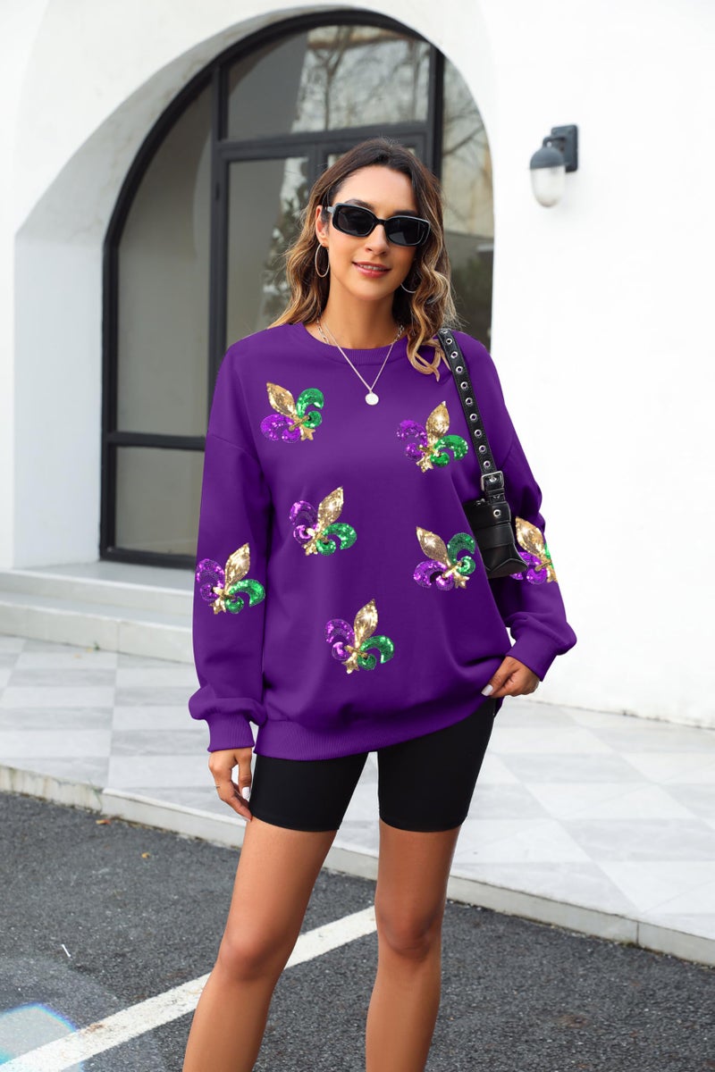 LUKYCILD Mardi Gras Sweatshirt Women Stripes Fat Tuesday Shirt Mask Graphic Carnival Long Sleeve Tee New Orleans Party Top Purple - Image 2
