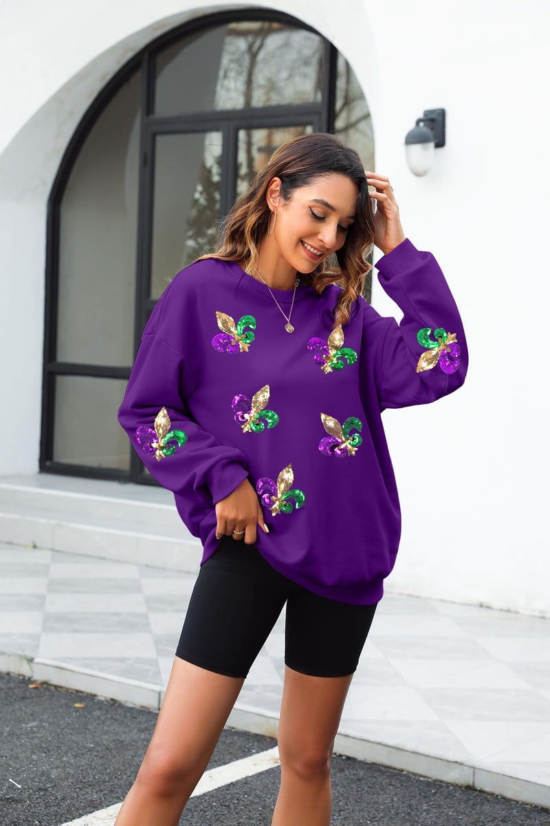 LUKYCILD Mardi Gras Sweatshirt Women Stripes Fat Tuesday Shirt Mask Graphic Carnival Long Sleeve Tee New Orleans Party Top Purple - Image 3