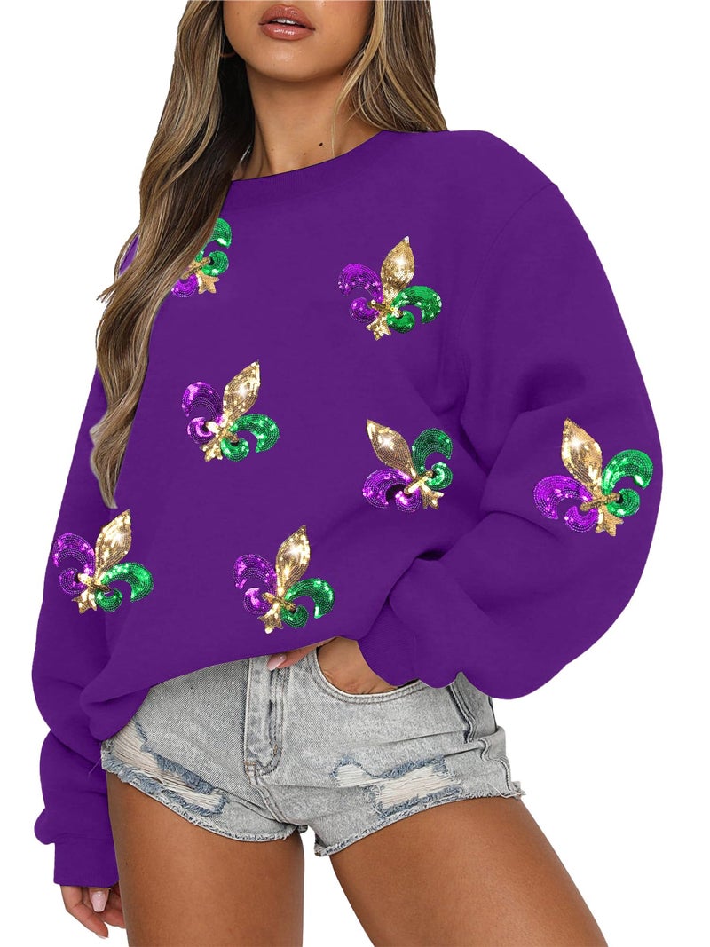 LUKYCILD Mardi Gras Sweatshirt Women Stripes Fat Tuesday Shirt Mask Graphic Carnival Long Sleeve Tee New Orleans Party Top Purple - Image 1