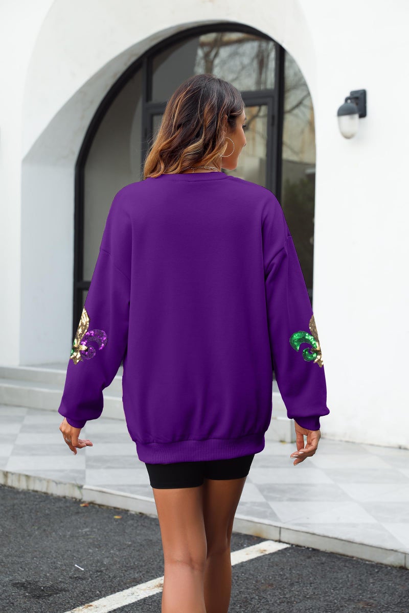 LUKYCILD Mardi Gras Sweatshirt Women Stripes Fat Tuesday Shirt Mask Graphic Carnival Long Sleeve Tee New Orleans Party Top Purple - Image 4