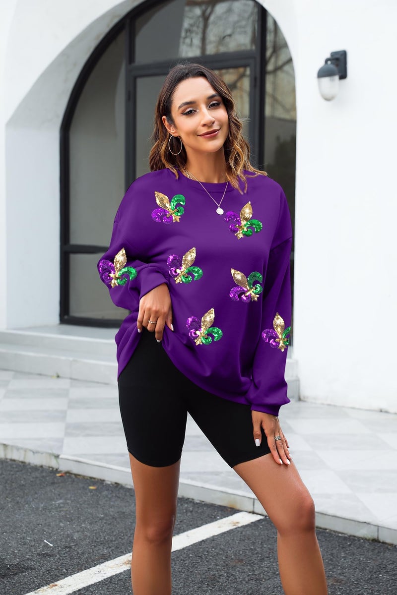 LUKYCILD Mardi Gras Sweatshirt Women Stripes Fat Tuesday Shirt Mask Graphic Carnival Long Sleeve Tee New Orleans Party Top Purple - Image 5