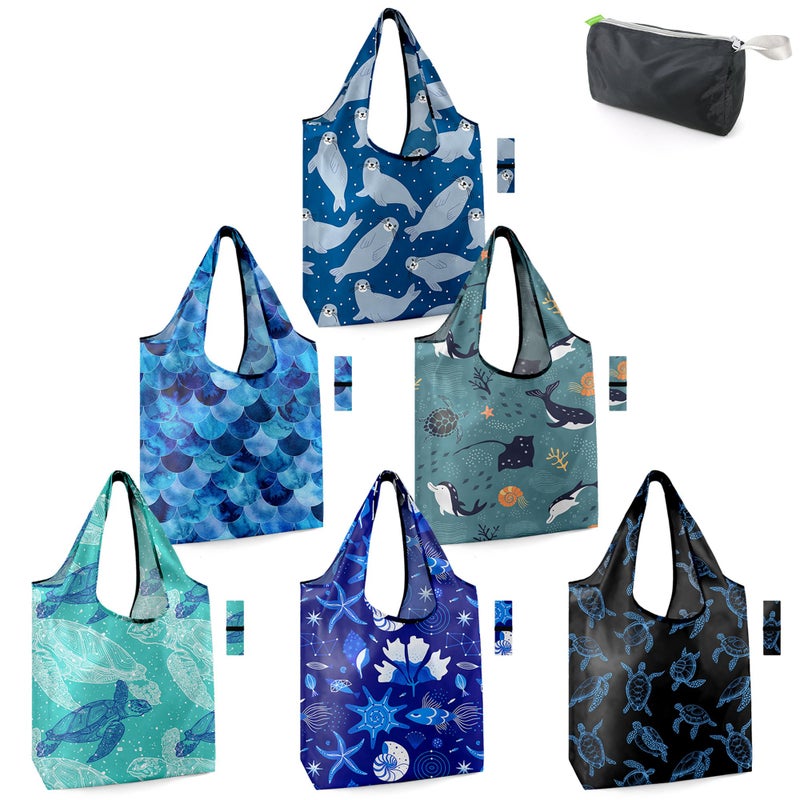 BeeGreen Sea Turtle Lovers Gifts for Women Ocean Animals Reusable Grocery Bags Shopping Bags Bulk 6 Pack 50LBS X-Large Shells Seal Mermaid Scale Whale - Image 1