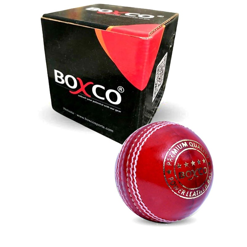 BOXCO Power Red Cricket Leather Ball Handmade 4 Piece Construction for Practice, T20, One Day & Test Matches - Image 1