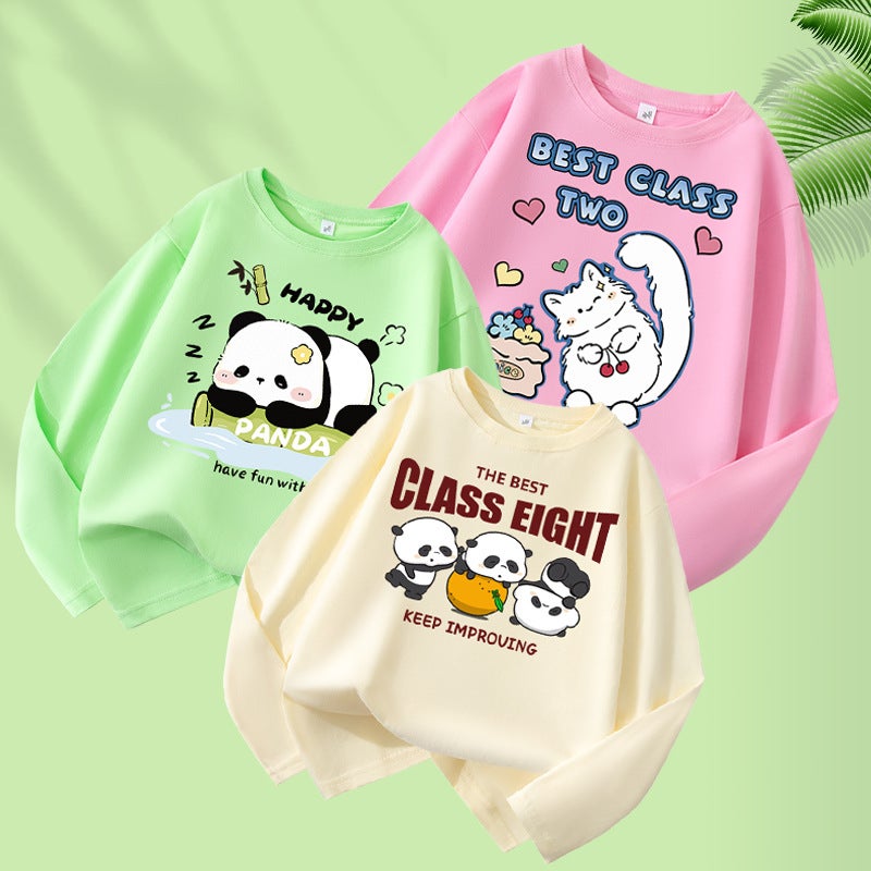 Trendy Brand Girls' Long-Sleeved T-Shirt Pure Cotton New Children'S Cartoon Panda Top Fashionable Stylish Base Shirt - Image 2