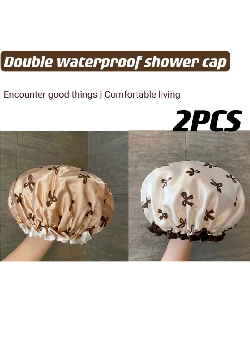2pcs, Double Layer Waterproof Shower Cap, Adult Long Hair Bathing Protector, Multi-Purpose Home & Kitchen Anti-Smoke Hat, Satin Finish With Bow Detail, Elastic Band Design, Durable And Reusable - Image 1