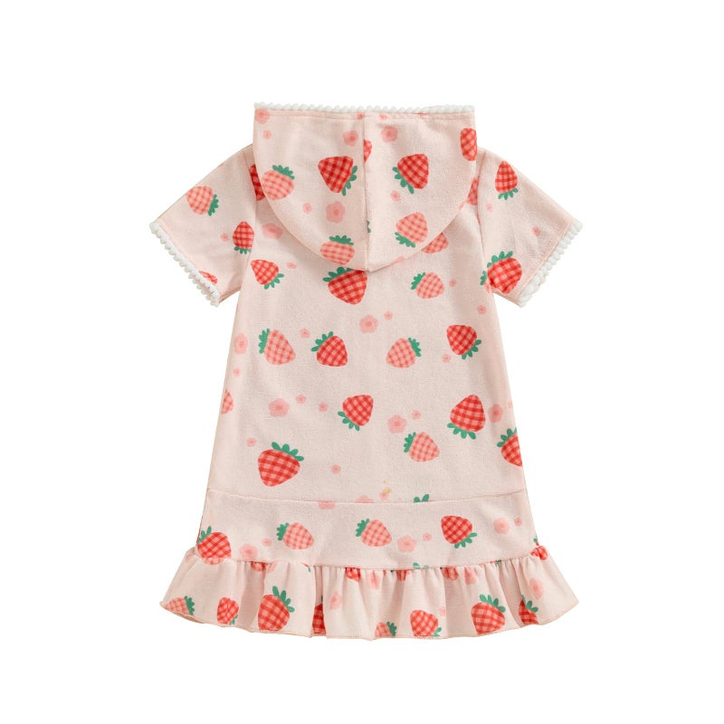 Licupiee Girls Hooded Zip Terry Coverups Swimsuit Kids Baby Girl Floral Print Short Sleeve Swim Cover-Up Swimwear (Strawberry, 12-24 Months) - Image 3