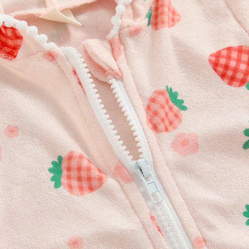 Licupiee Girls Hooded Zip Terry Coverups Swimsuit Kids Baby Girl Floral Print Short Sleeve Swim Cover-Up Swimwear (Strawberry, 12-24 Months) - Image 2
