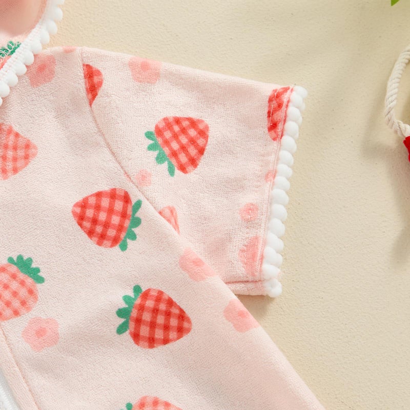 Licupiee Girls Hooded Zip Terry Coverups Swimsuit Kids Baby Girl Floral Print Short Sleeve Swim Cover-Up Swimwear (Strawberry, 12-24 Months) - Image 5